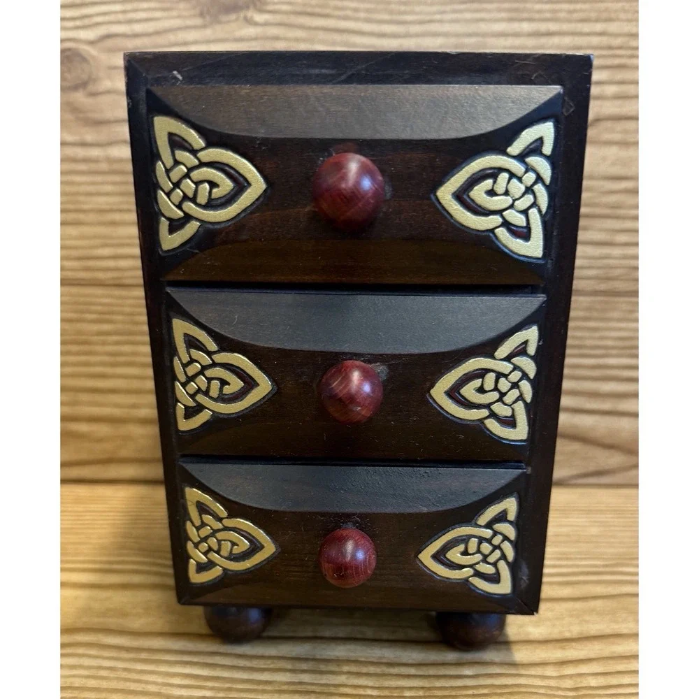 Hand Crafted Celtic Knot Irish Wooden Jewelry Trinket Box Drawers